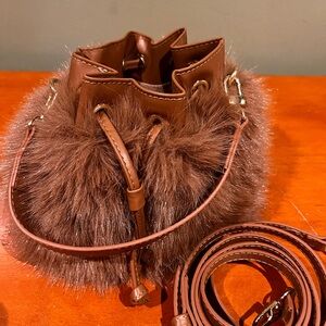 Brown Faux Fur-Trimmed Bucket Bag - never used